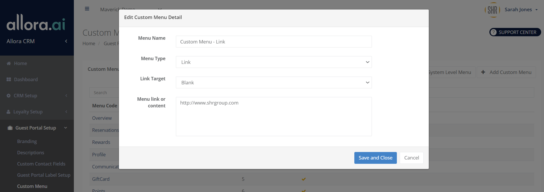 CRM-Guest Portal - Custom Menu Configuration