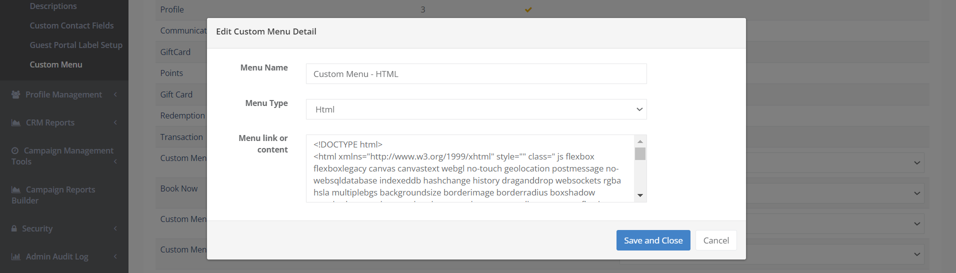 CRM-Guest Portal - Custom Menu Configuration