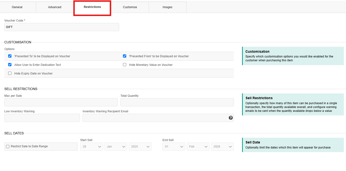 SHR BE-Voucher Editor Overview for SHR BE - Restrictions Tab